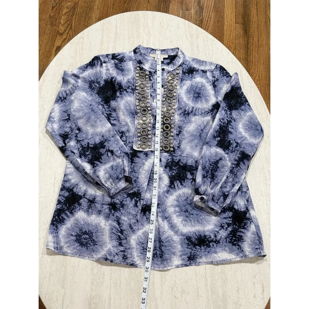 Michael Kors Top‎ M Blue Tie-Dye Beaded Bib Pleated Hippie Boho Peasant Popover